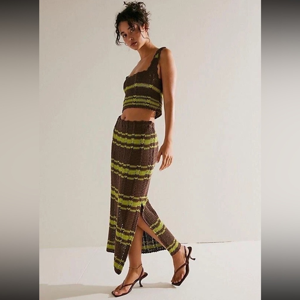 NWOT Free People Two Piece Crochet Set Skirt Crop Top Green Brown Stripe Coord S